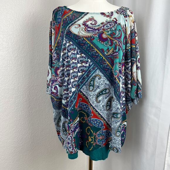 Chicos Top Womens Womens 4 Blue Paisley Print Mesh Overlay Boho Chic Relaxed - Picture 1 of 13
